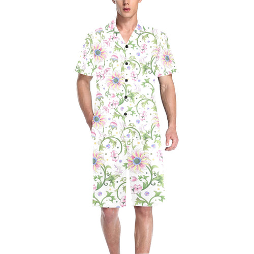 Beautiful pink lotus waterlily leaves pattern Men's V-Neck Short Pajama Set