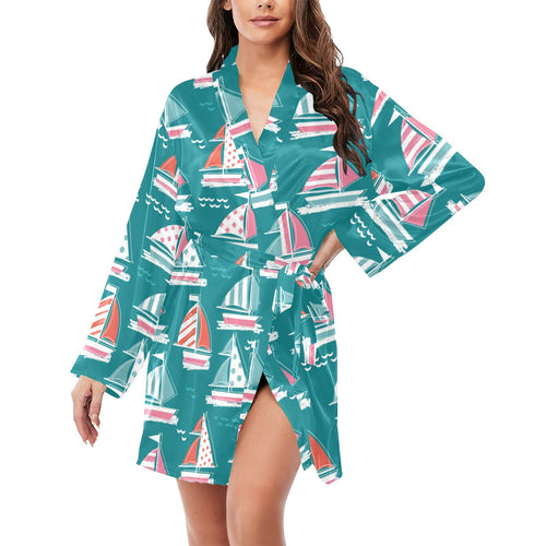 Cute sailboat pattern Women's Long Sleeve Belted Night Robe