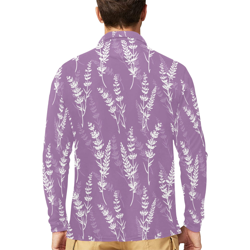Lavender flowers purple pattern Men's Long Sleeve Polo Shirt