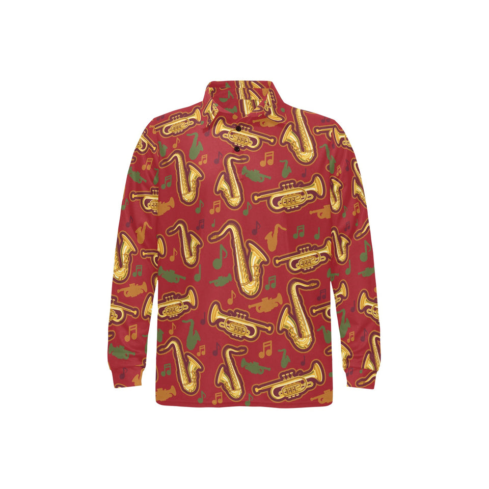 Saxophone cornet pattern red background Men's Long Sleeve Polo Shirt