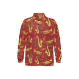 Saxophone cornet pattern red background Men's Long Sleeve Polo Shirt