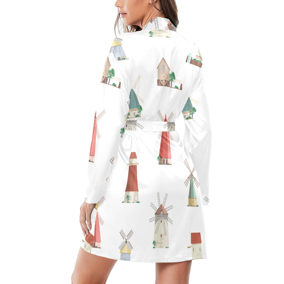 windmill design pattern Women's Long Sleeve Belted Night Robe