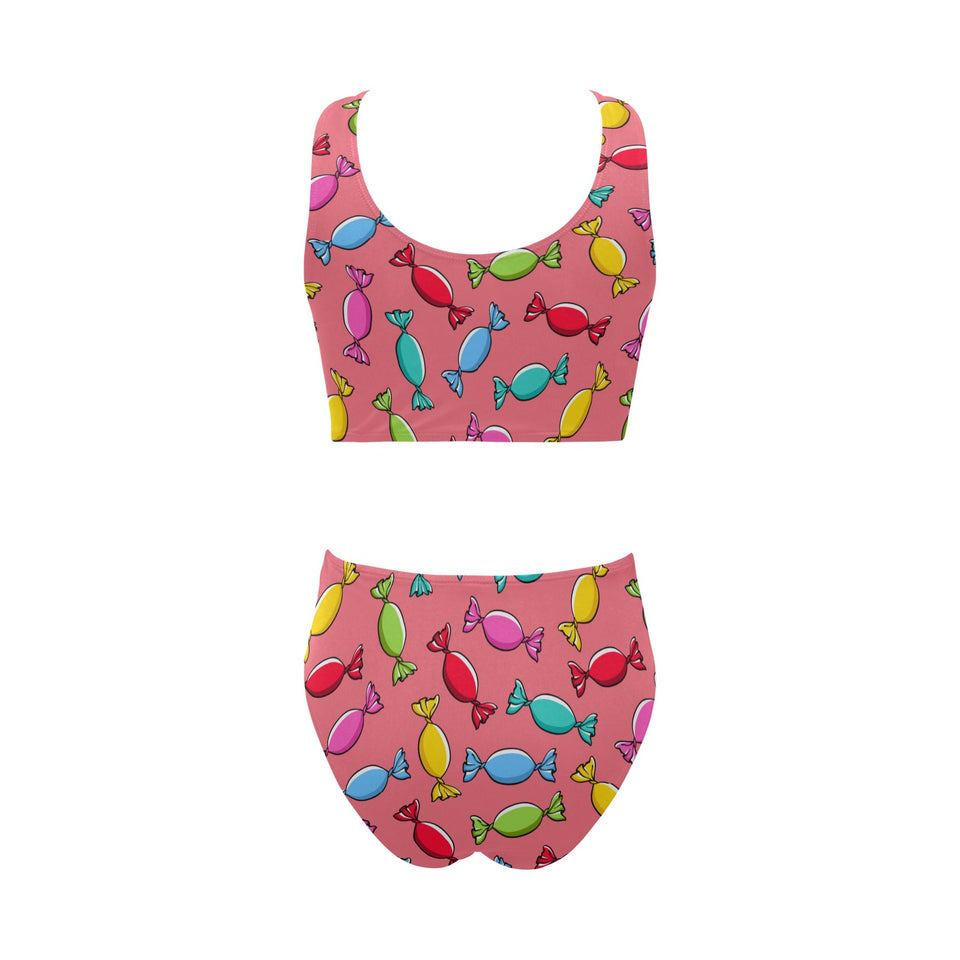Colorful wrapped candy pattern Chest Bowknot High Waisted Bikini Swimsuit