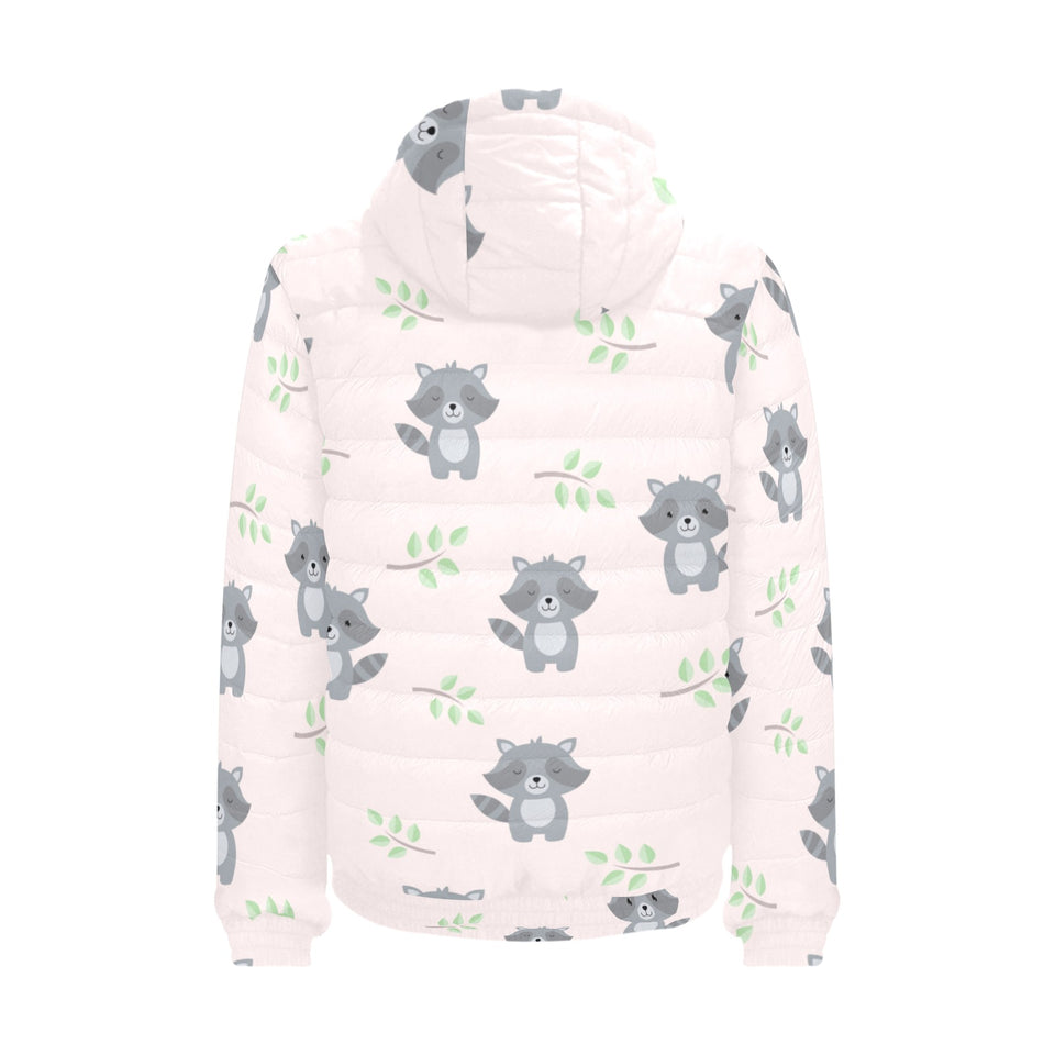 cute raccoons leaves pattern Men's Padded Hooded Jacket