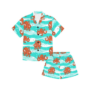 Octopuses sea wave background Kids' Boys' Girls' V-Neck Short Pajama Set