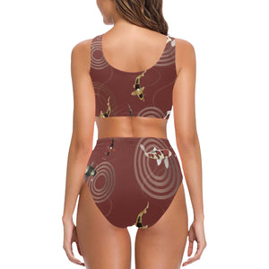 Koi Fish Carp Fish red background Chest Bowknot High Waisted Bikini Swimsuit