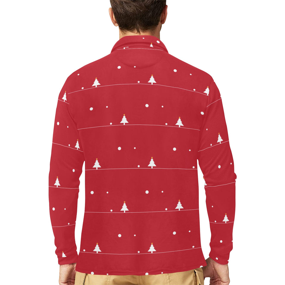 Christmas tree star snow red background Men's Long Sleeve Polo Shirt