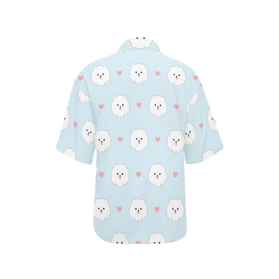 White cute pomeranian pattern Women's All Over Print Hawaiian Shirt
