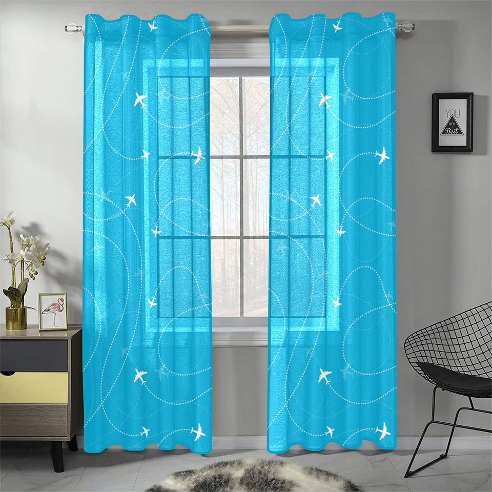 Airplane destinations blue background Gauze Curtain