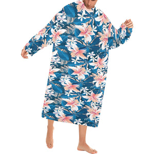 Hibiscus Pattern Print Design 02 Blanket Robe with Sleeves