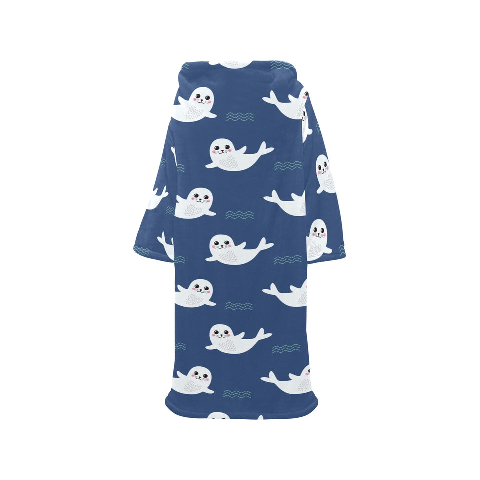 Cute white baby sea lion seal pattern Blanket Robe with Sleeves