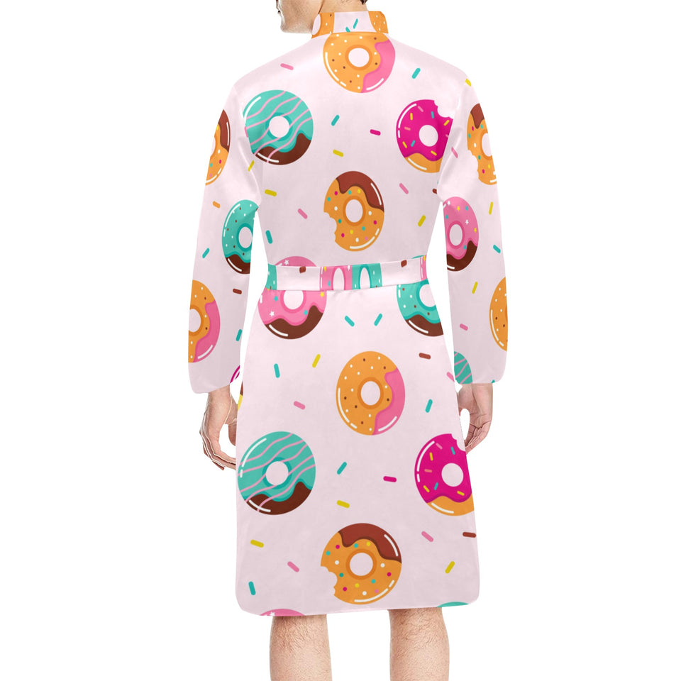Donut pattern glaze pink background Men's Long Sleeve Belted Night Robe
