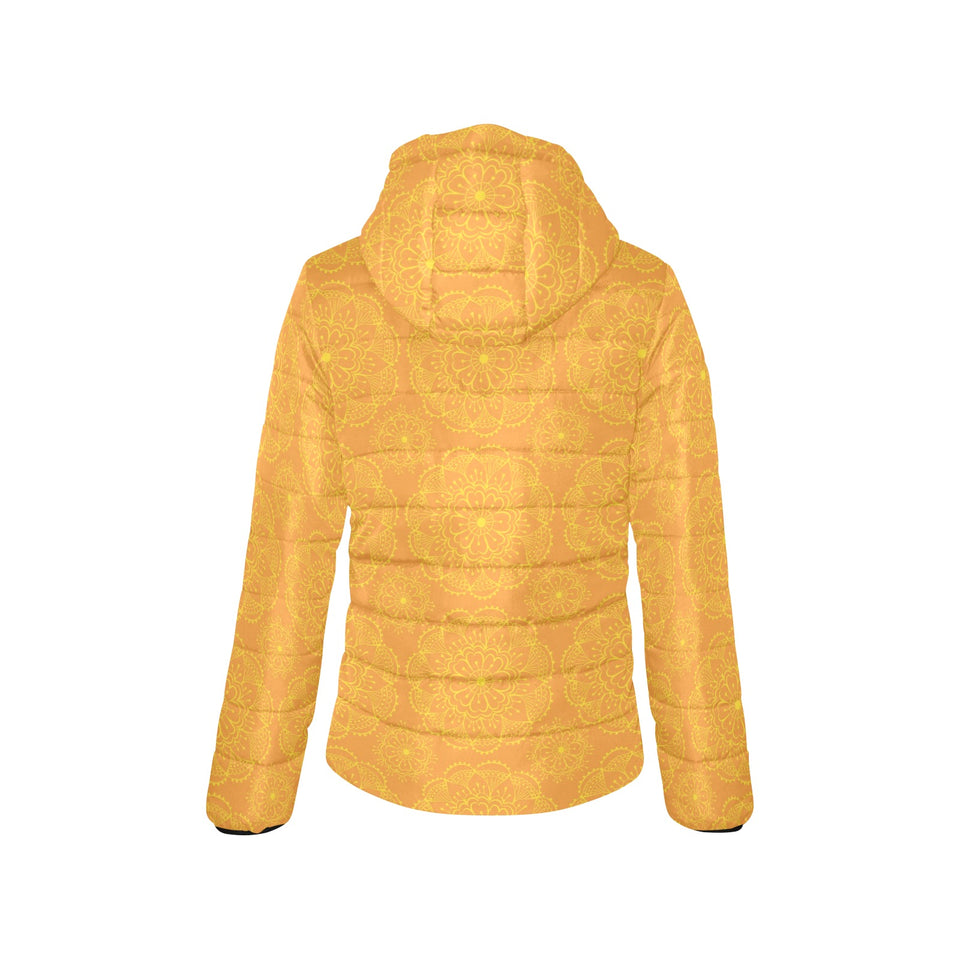 Orange traditional indian element pattern Women's Padded Hooded Jacket