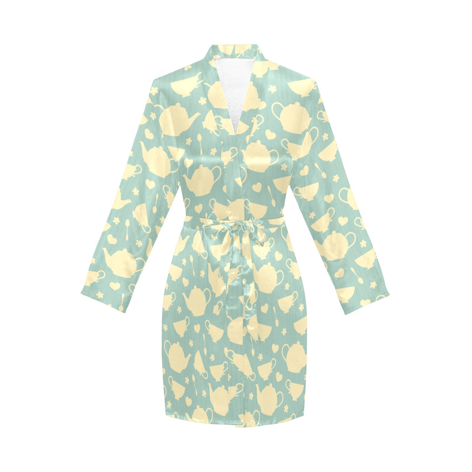 Tea pots Pattern Print Design 02 Women's Long Sleeve Belted Night Robe