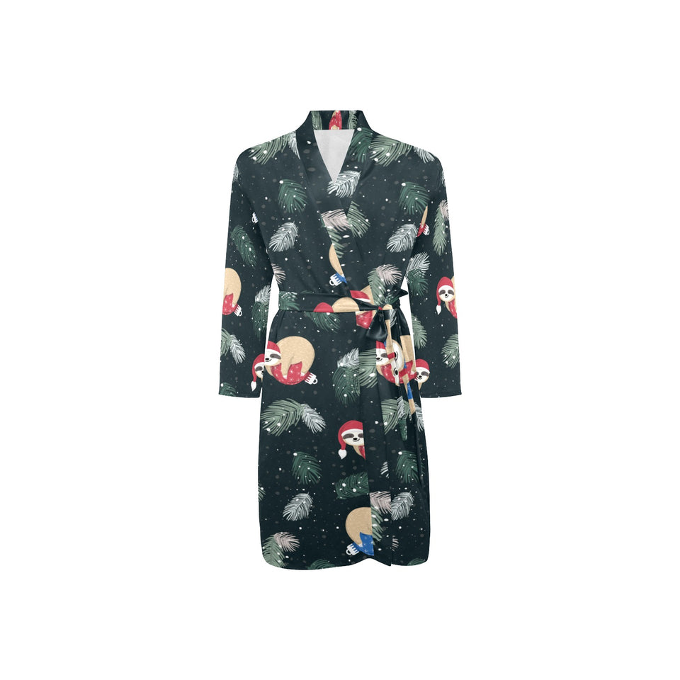 Cute sloths sleeping christmas ball santa hat patt Men's Long Sleeve Belted Night Robe