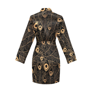 Gold peacock feather pattern Women's Long Sleeve Belted Night Robe