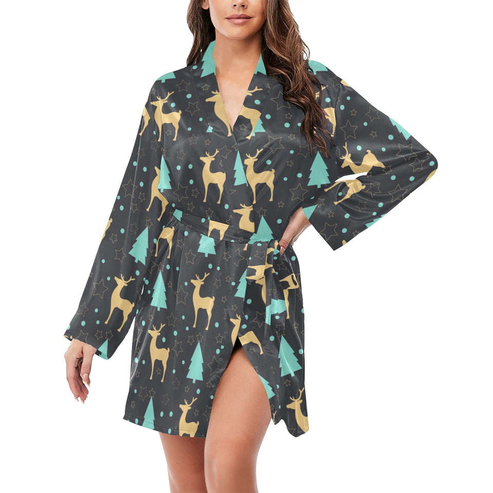 Deers star tree pattern Women's Long Sleeve Belted Night Robe