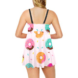 Donut pattern glaze pink background Chest Sexy Pleated Two Piece Swim Dress