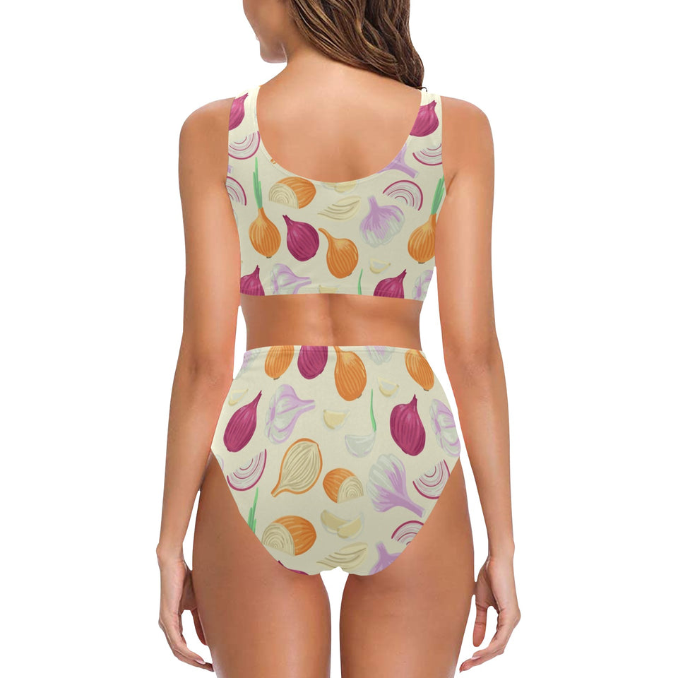 Onion garlic white red pattern Chest Bowknot High Waisted Bikini Swimsuit