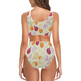 Onion garlic white red pattern Chest Bowknot High Waisted Bikini Swimsuit