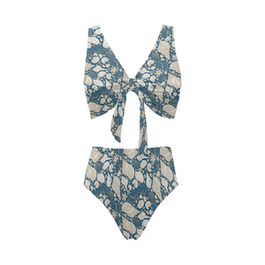 Sea turtle Polynesian Tribal design pattern Chest Bowknot High Waisted Bikini Swimsuit