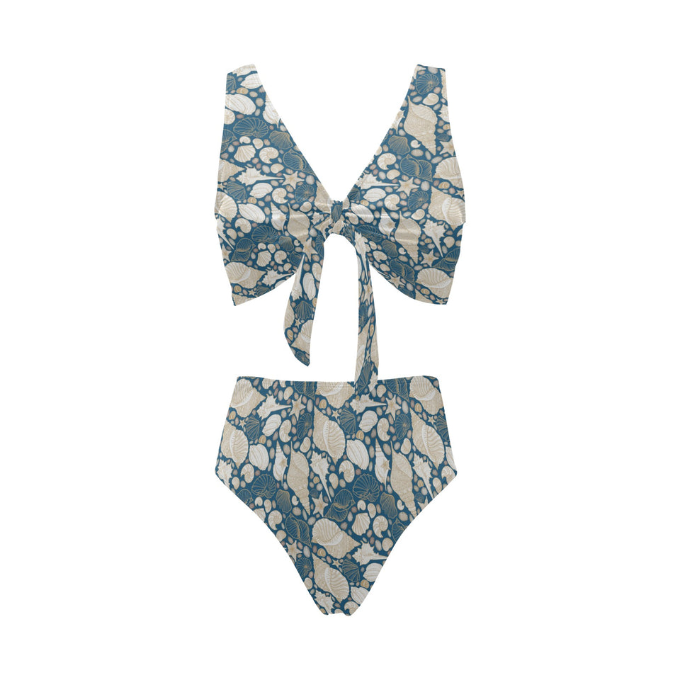 Sea turtle Polynesian Tribal design pattern Chest Bowknot High Waisted Bikini Swimsuit