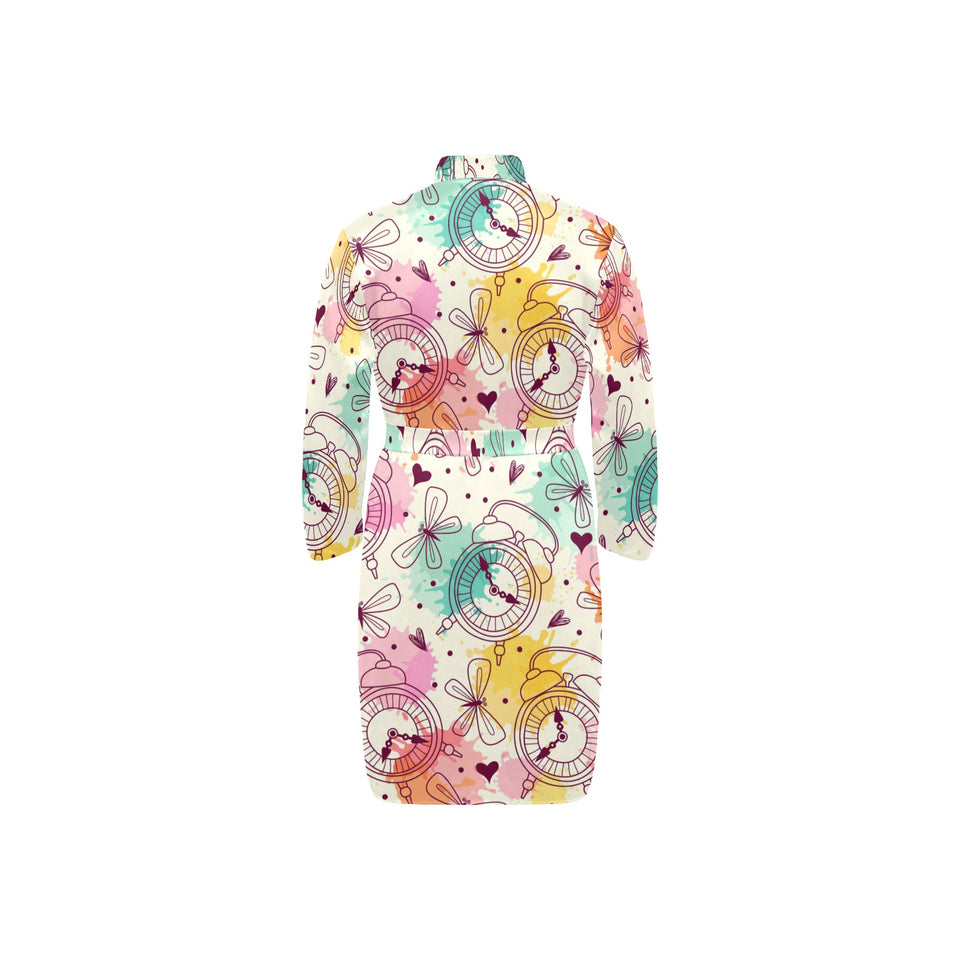 Clock butterfly pattern Men's Long Sleeve Belted Night Robe