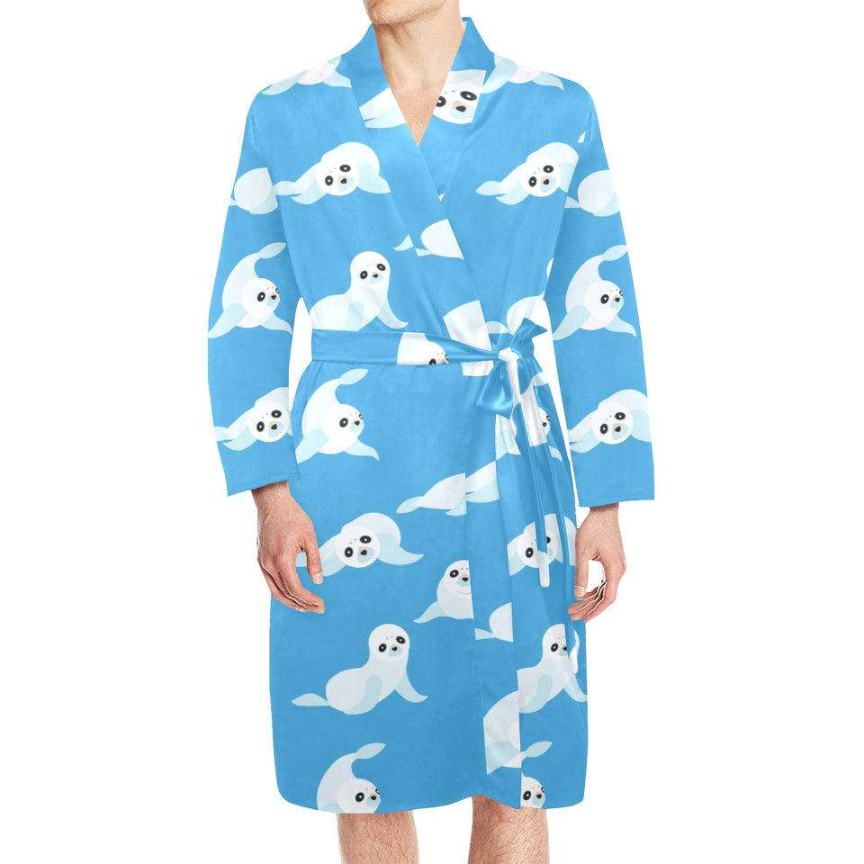 Cute sea lion seal pattern background Men's Long Sleeve Belted Night Robe