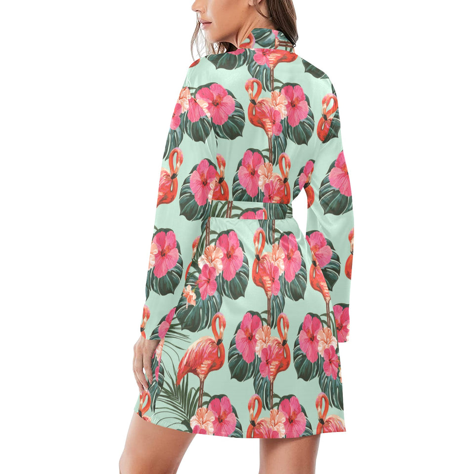 Beautiful flamingo tropical palm leaves hibiscus p Women's Long Sleeve Belted Night Robe