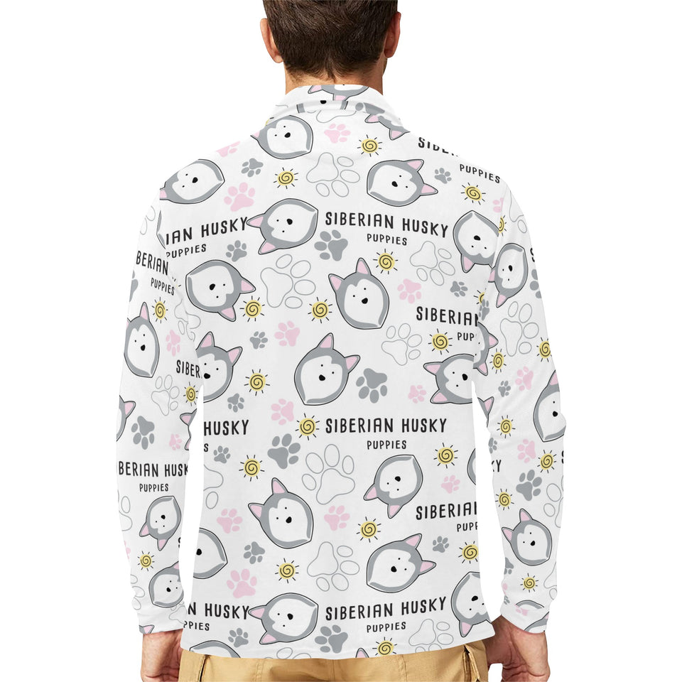 Siberian Husky design pattern Men's Long Sleeve Polo Shirt