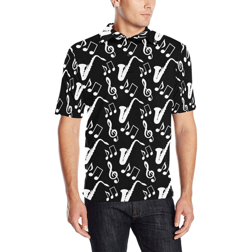 Saxophone music notes treble clef black white them Men's All Over Print Polo Shirt