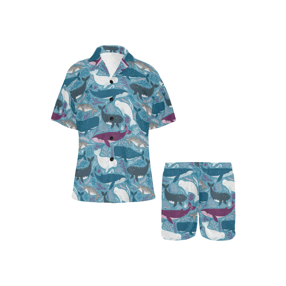 Whale design pattern Women's V-Neck Short Pajama Set