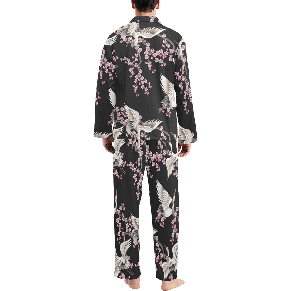 Japanese crane pink sakura pattern Men's Long Pajama Set