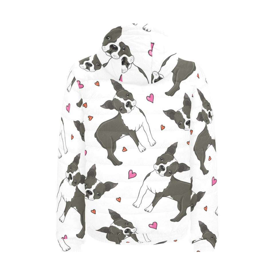 Boston terrier dog hearts vector pattern Men's Padded Hooded Jacket
