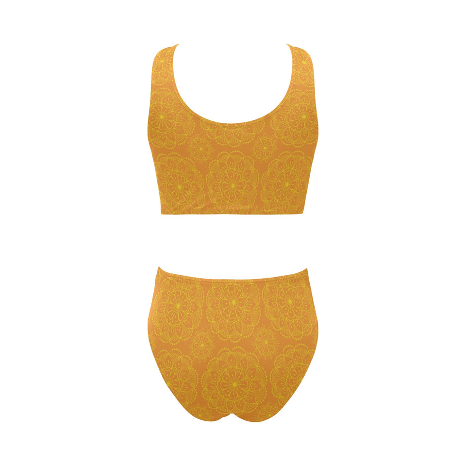 Orange traditional indian element pattern Chest Bowknot High Waisted Bikini Swimsuit