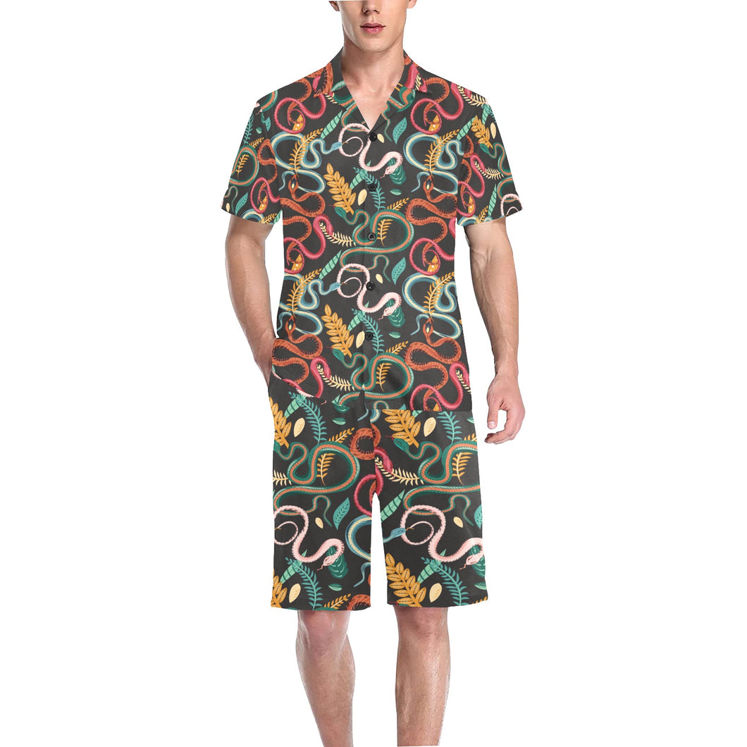 Colorful snake plant pattern Men's V-Neck Short Pajama Set