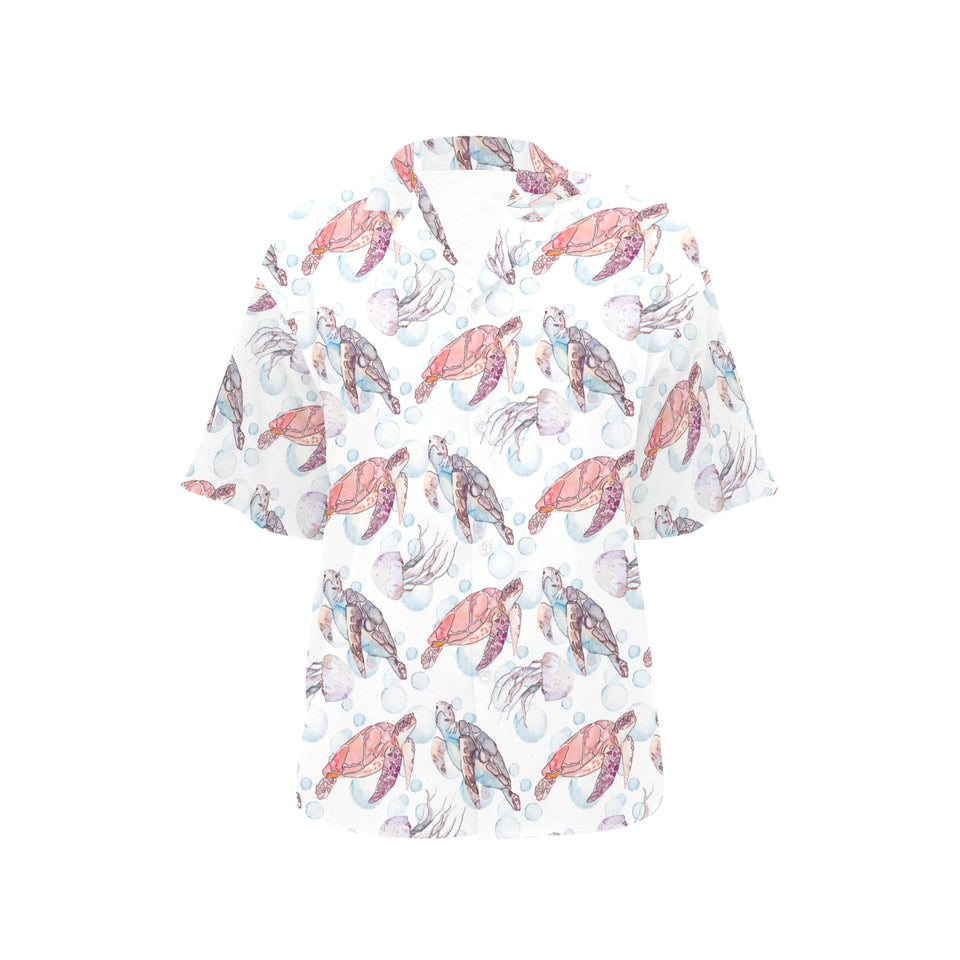 Watercolor sea turtle jellyfish pattern Women's All Over Print Hawaiian Shirt