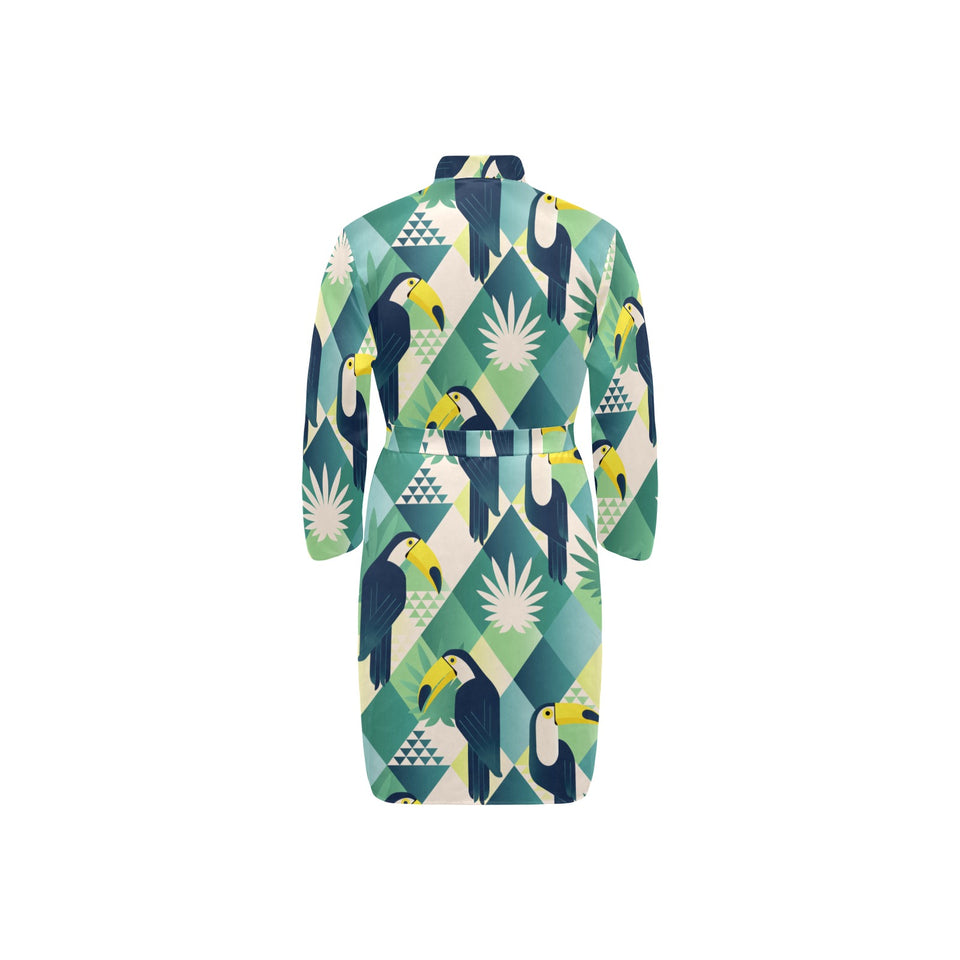 Toucan tropical green jungle palm pattern Men's Long Sleeve Belted Night Robe