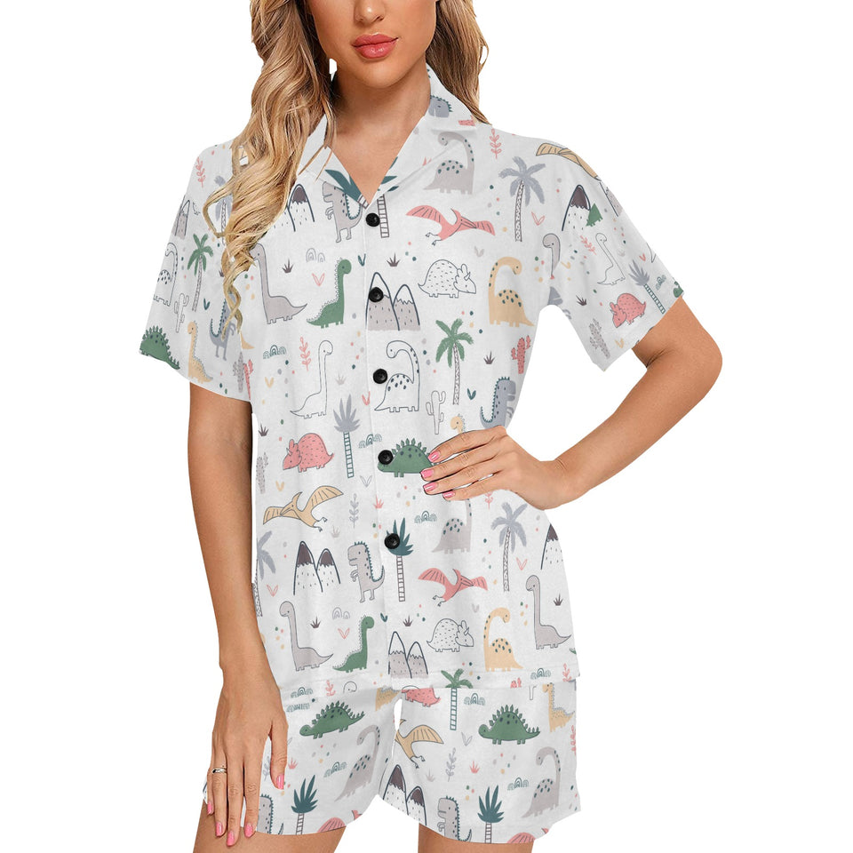 Cute cartoon dinosaurs tree pattern Women's V-Neck Short Pajama Set