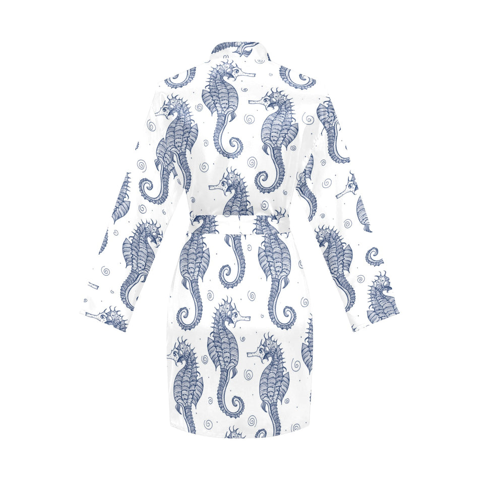 Seahorse pattern background Women's Long Sleeve Belted Night Robe