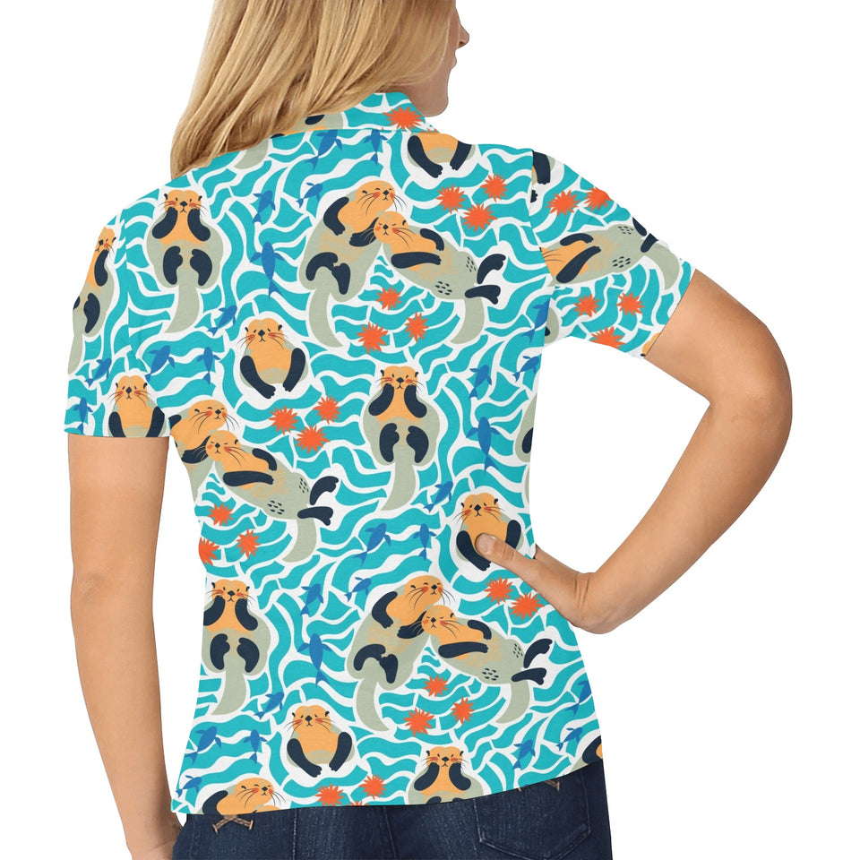 Cute sea otters fishe sea urchin pattern Women's All Over Print Polo Shirt