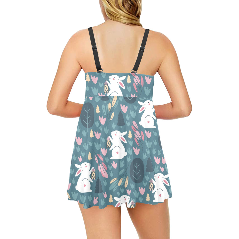 Cute rabbit pattern Chest Sexy Pleated Two Piece Swim Dress