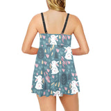 Cute rabbit pattern Chest Sexy Pleated Two Piece Swim Dress