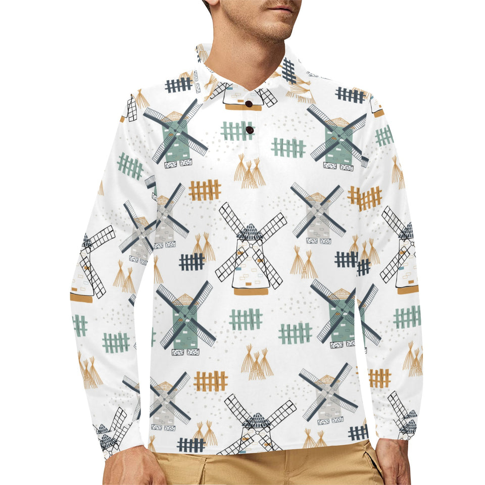 windmill pattern Men's Long Sleeve Polo Shirt