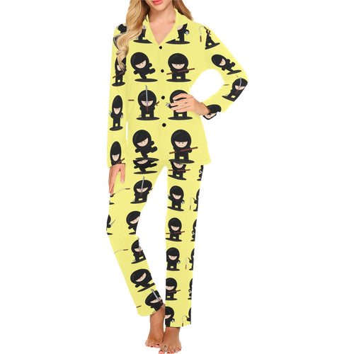 Cute ninja yellow background Women's Long Pajama Set