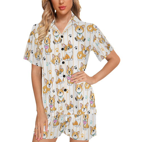 Cute dog corgi striped background pattern Women's V-Neck Short Pajama Set