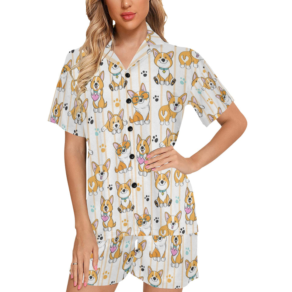 Cute dog corgi striped background pattern Women's V-Neck Short Pajama Set