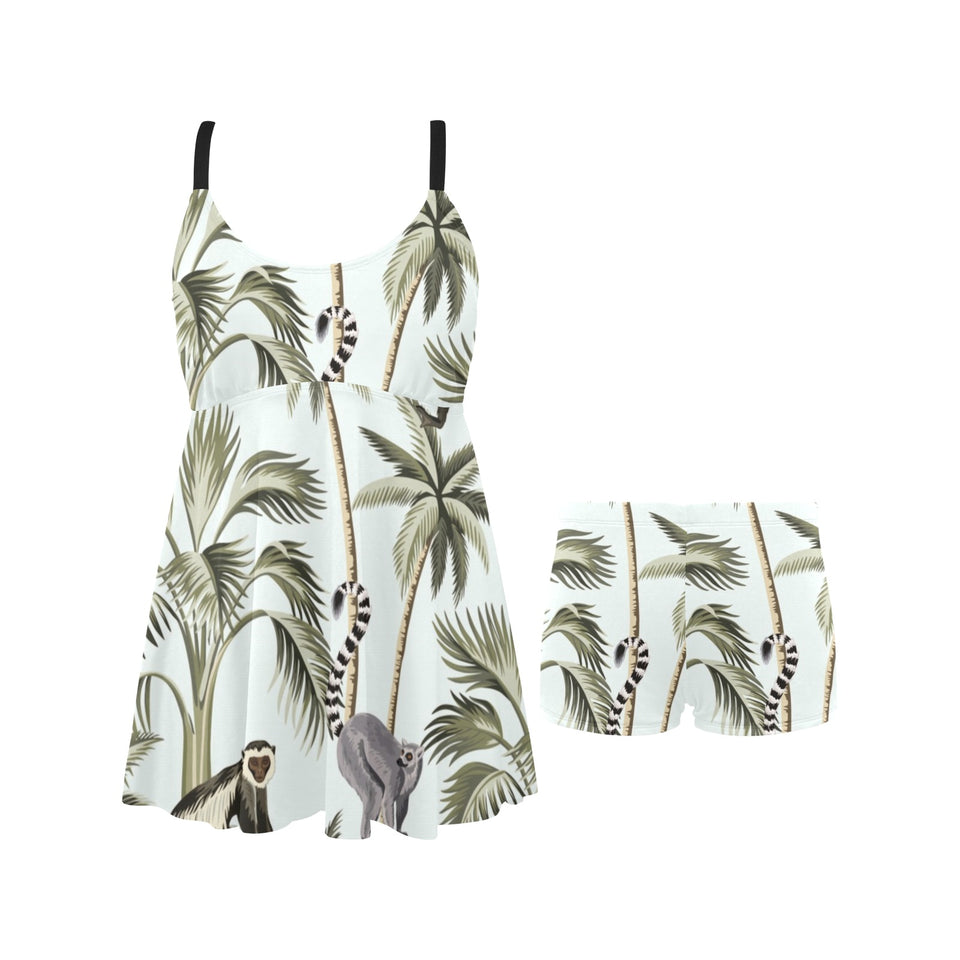 Monkey sloth lemur palm trees pattern Chest Sexy Pleated Two Piece Swim Dress