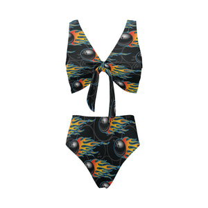 Bowling balls flame pattern Chest Bowknot High Waisted Bikini Swimsuit