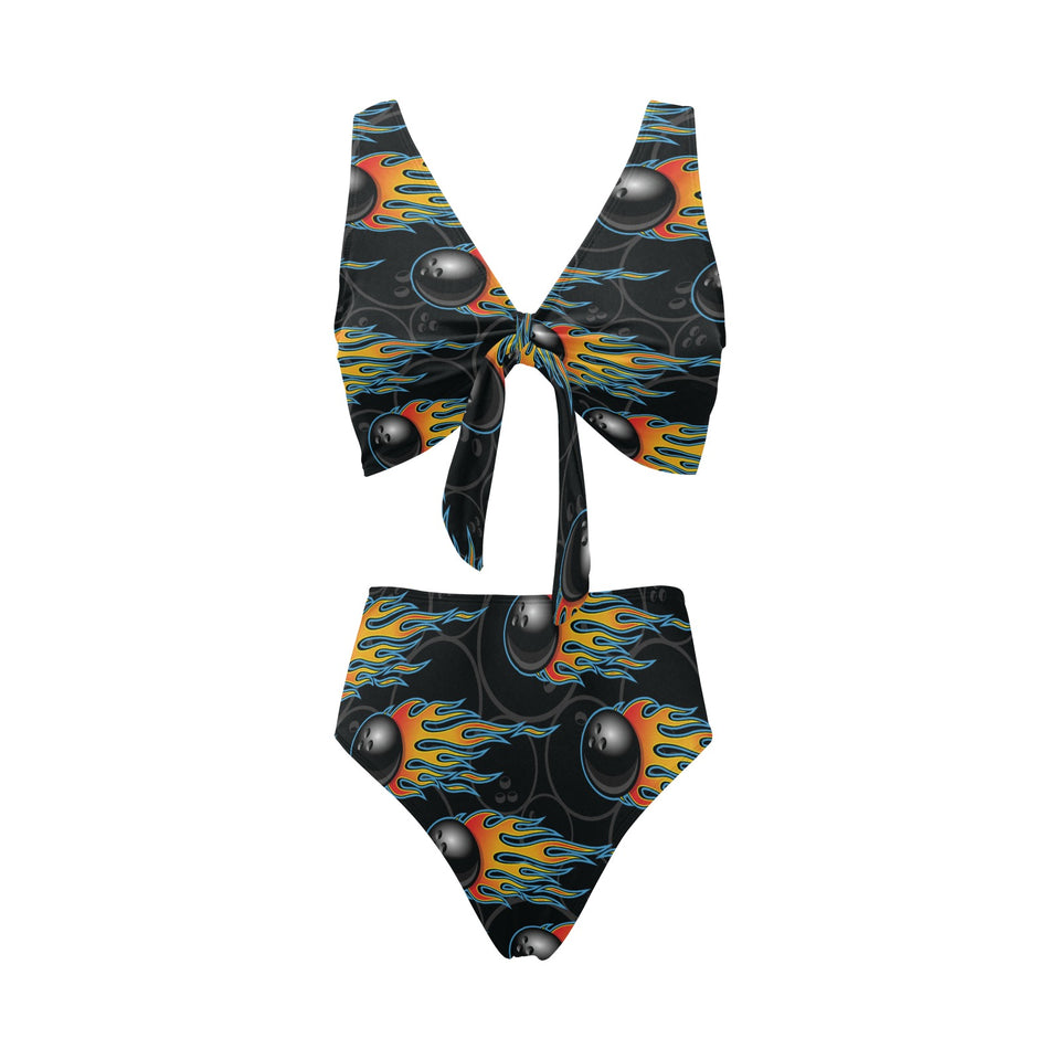 Bowling balls flame pattern Chest Bowknot High Waisted Bikini Swimsuit